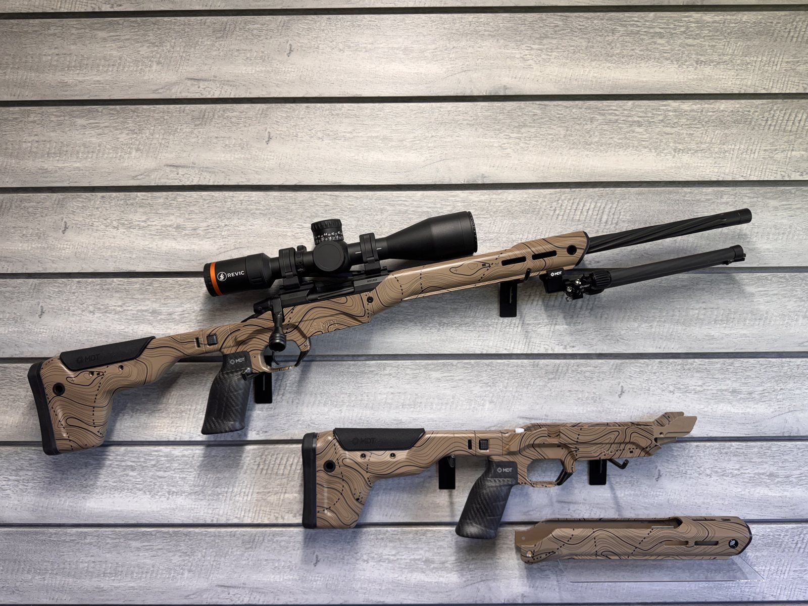 701 Build, MDT chassis with topo map pattern, Revic scope, with matching takedown components